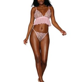 (D) HEART SHAPED EMBROIDERY PA & BRALETTE SET CANDY PINK O/S