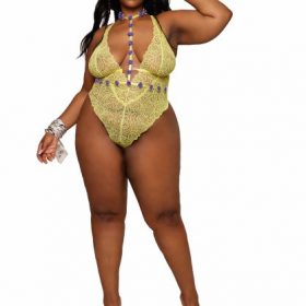 STRETCH LACE TEDDY & ORGANZA ROSETTE HARNESS SET CITRUS Q/S